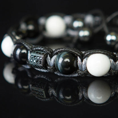 Trendy og Exclusivt Shambhala Armbånd sett, Blue Tigereye, White Agate og Hematitt, unisex og justerbare