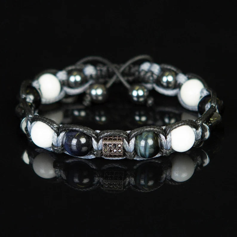 Trendy og Exclusivt Shambhala Armbånd sett, Blue Tigereye, White Agate og Hematitt, unisex og justerbare