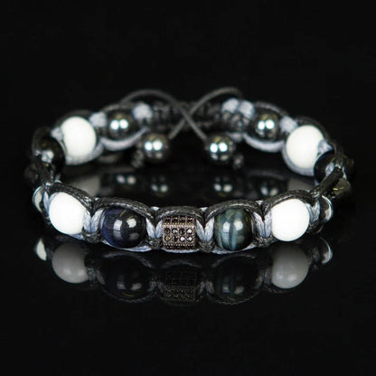 Trendy og Exclusivt Shambhala Armbånd sett, Blue Tigereye, White Agate og Hematitt, unisex og justerbare