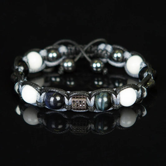 Trendy og Exclusivt Shambhala Armbånd sett, Blue Tigereye, White Agate og Hematitt, unisex og justerbare