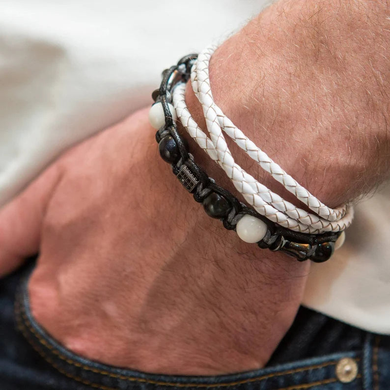 Trendy og Exclusivt Shambhala Armbånd sett, Blue Tigereye, White Agate og Hematitt, unisex og justerbare