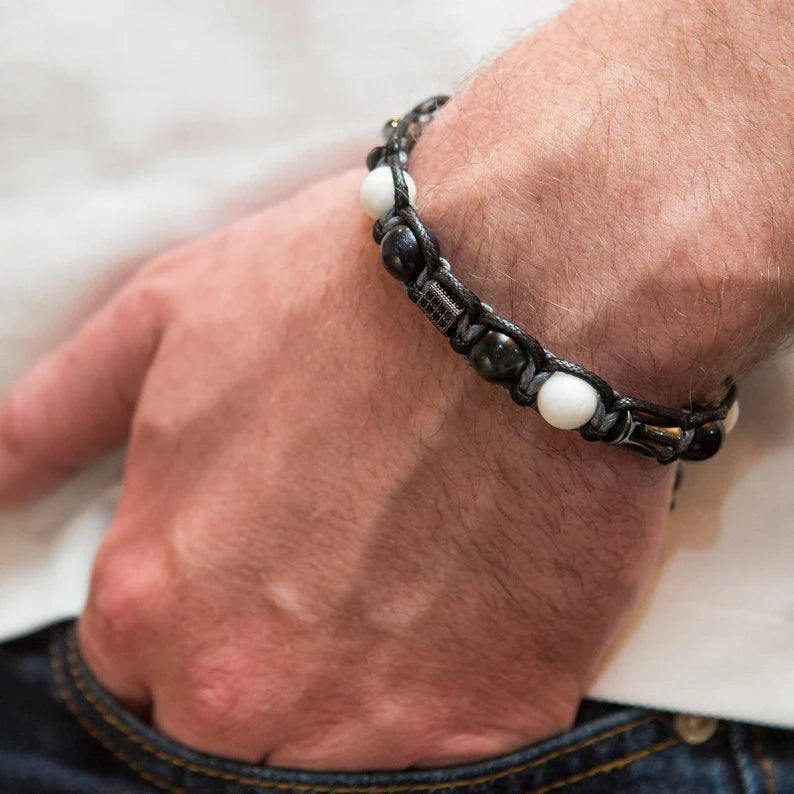Trendy og Exclusivt Shambhala Armbånd sett, Blue Tigereye, White Agate og Hematitt, unisex og justerbare