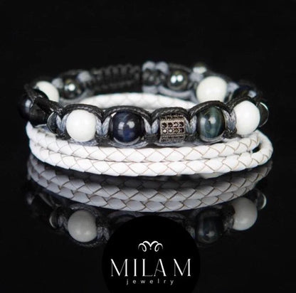 Trendy og Exclusivt Shambhala Armbånd sett, Blue Tigereye, White Agate og Hematitt, unisex og justerbare