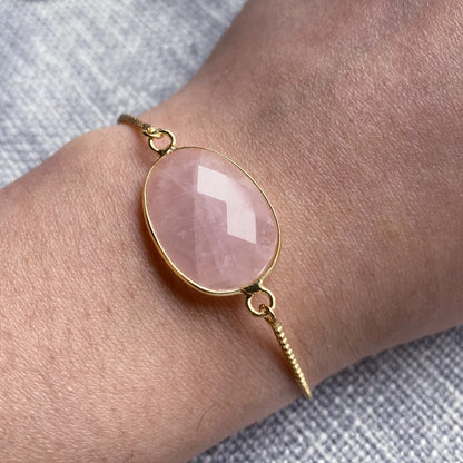 Nye MICCI Design Petit Armbånd, Gold Electroplated m/justerbar lenke, oval sten - Rose Quartz