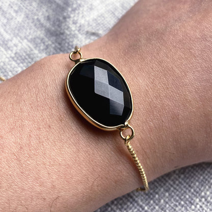 Nye MICCI Design Petit Armbånd, Gold Electroplated m/justerbar lenke, oval sten - Sort Agate