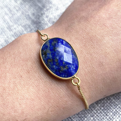 Nye MICCI Design Petit Armbånd, Gold Electroplated m/justerbar lenke, oval sten - Blue Lapis Lazuli