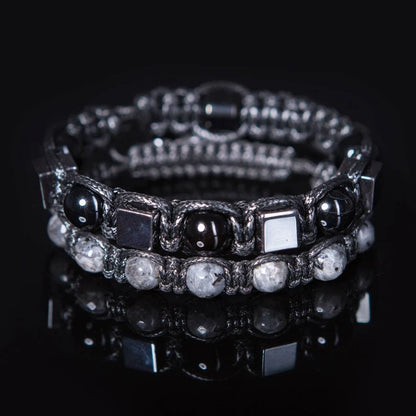 Trendy og Exclusivt Shambhala Armbånd , Set ( Two Bracelets ) Black Onyx, Hematite, Larvikite , unisex og justerbare