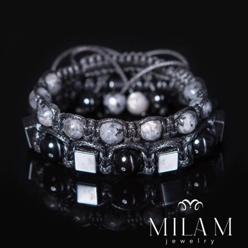Trendy og Exclusivt Shambhala Armbånd , Set ( Two Bracelets ) Black Onyx, Hematite, Larvikite , unisex og justerbare