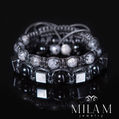 Trendy og Exclusivt Shambhala Armbånd , Set ( Two Bracelets ) Black Onyx, Hematite, Larvikite , unisex og justerbare