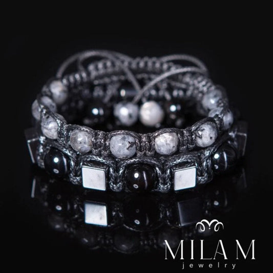 Trendy og Exclusivt Shambhala Armbånd , Set ( Two Bracelets ) Black Onyx, Hematite, Larvikite , unisex og justerbare