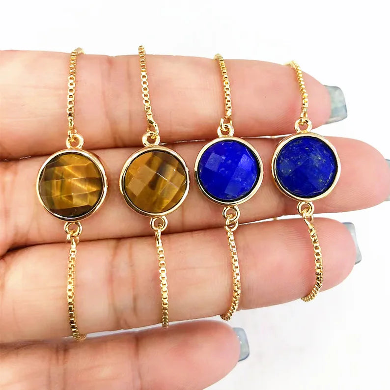 Nye MICCI Design Petit Armbånd, Gold Electroplated m/justerbar lenke, rund sten - Tigerøye
