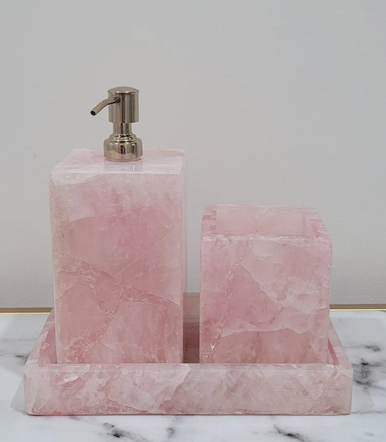 Rose Quartz | Gift | 3 pc Bathroom accessories set | handcrafted | Pink | soap dispenser | bathroom | Luxurious feel