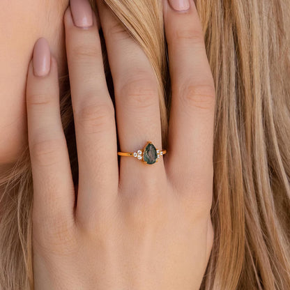 Ny & Trendy 925s Silver Art Deco Vintage Ring - med Tear Drop 10x6mm Green Moss Agate Quartz sten og Zirkoner