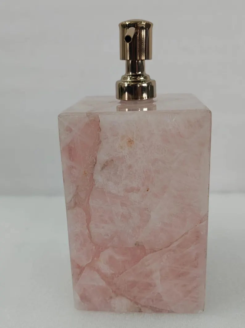 Handcrafted Rose Quartz Soap Dispenser, Luxurious Bathroom Decor, 15x10x10cm