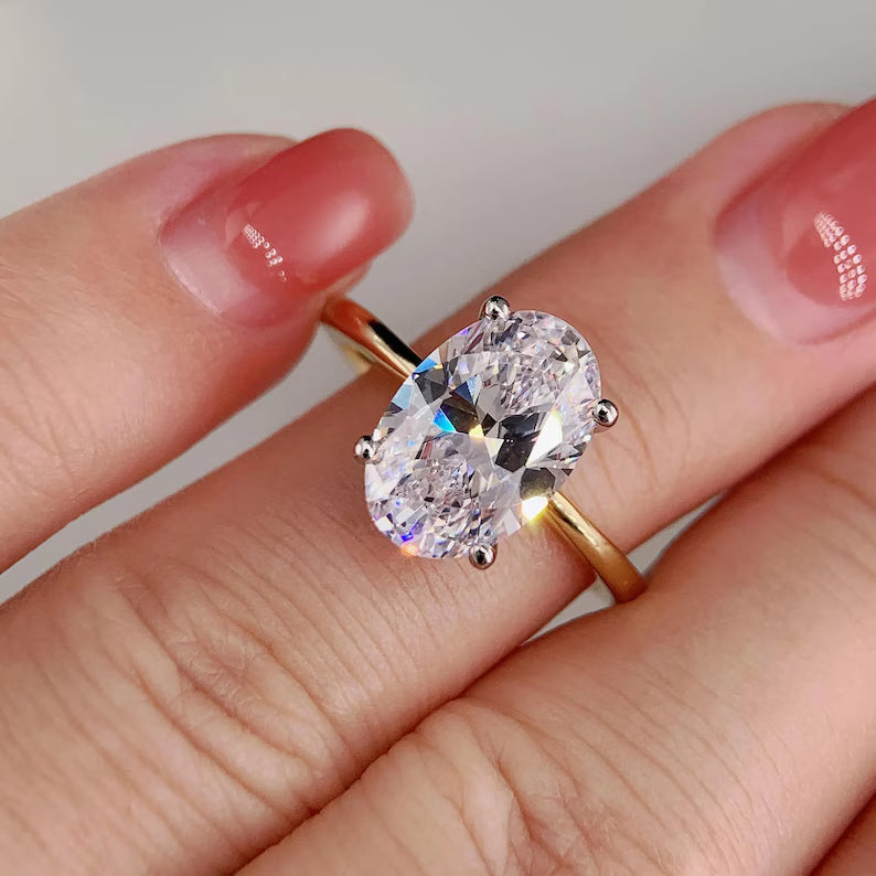 Two Tone Oval CZ Solitaire Ring, Yellow Gold Vermeil & White Gold ( 925s Silver )