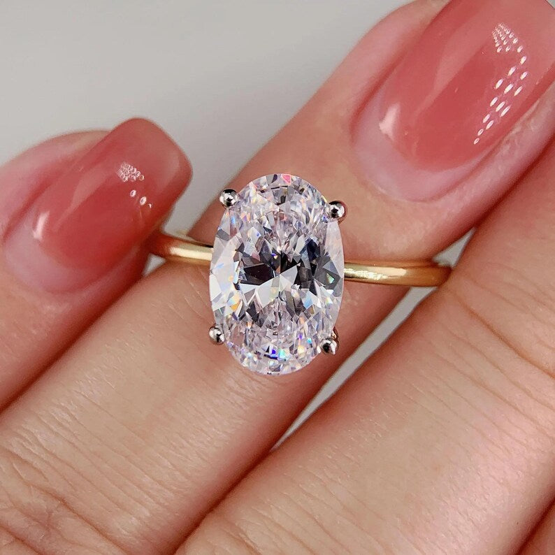 Two Tone Oval CZ Solitaire Ring, Yellow Gold Vermeil & White Gold ( 925s Silver )