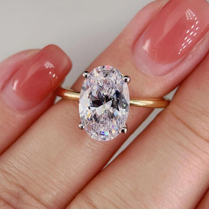 Two Tone Oval CZ Solitaire Ring, Yellow Gold Vermeil & White Gold ( 925s Silver )