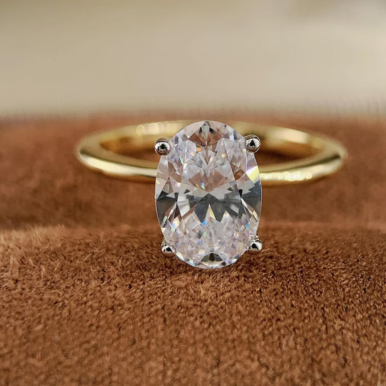 Two Tone Oval CZ Solitaire Ring, Yellow Gold Vermeil & White Gold ( 925s Silver )