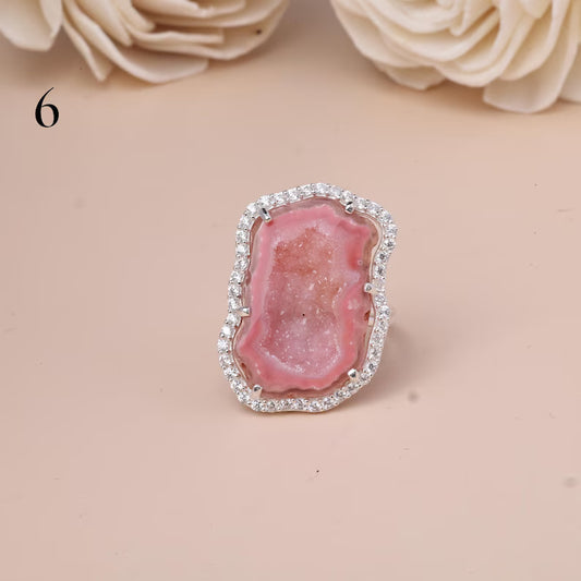 Unike og vakre AGATE Geode Druzy Ring | Sterling Silver, CZ Halo, Adjustable, Geode Size - 26x17mm