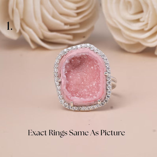 Unike og vakre AGATE Geode Druzy Ring | Sterling Silver, CZ Halo, Adjustable, Geode Size - 22x18mm