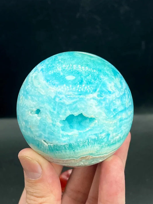 Blue Aragonite Sphere: Natural Hole Crystal Display, 380 gram