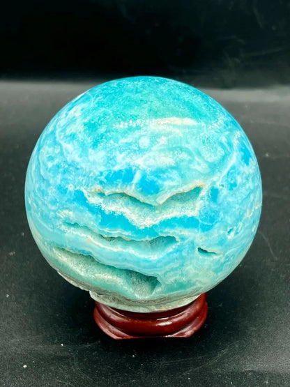 Blue Aragonite Sphere: Natural Hole Crystal Display, 380 gram