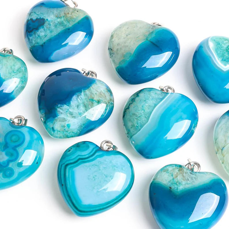 Nye Brazilian AGATE Hjerteanheng m/ Silverplated Kjede, Aqua Blue, 30mm