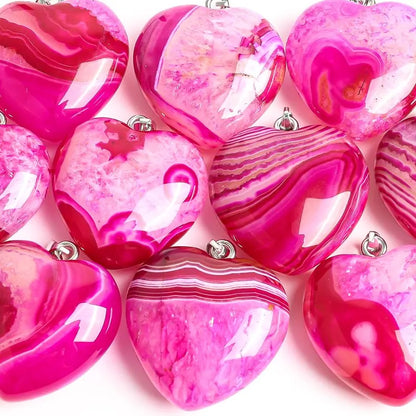 Nye Brazilian AGATE Hjerteanheng m/ Silverplated Kjede, Pink - 30mm