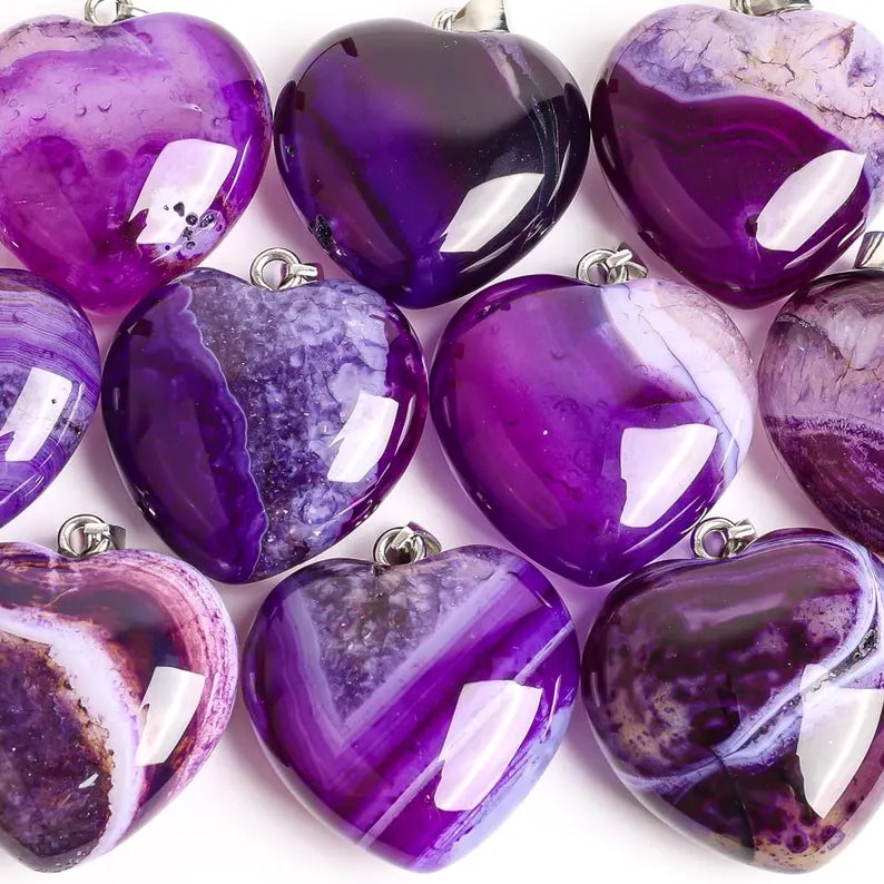 Nye Brazilian AGATE Hjerteanheng m/ Silverplated Kjede, Purple - 30mm