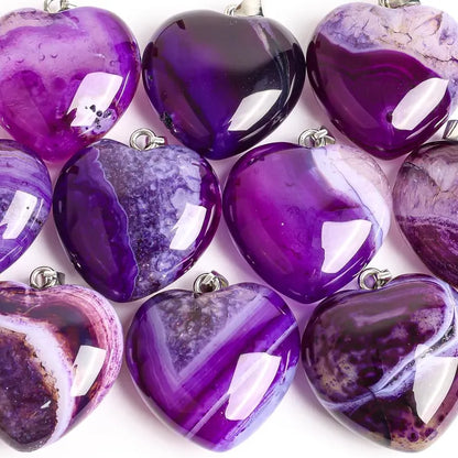 Nye Brazilian AGATE Hjerteanheng m/ Silverplated Kjede, Purple - 30mm