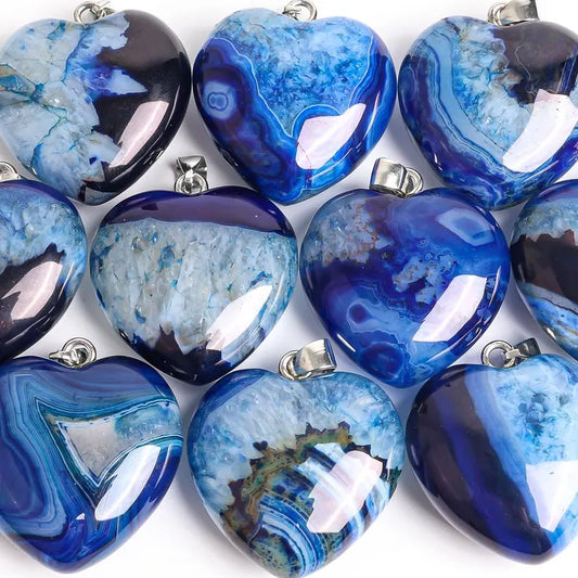 Nye Brazilian AGATE Hjerteanheng m/ Silverplated Kjede, Blue, 30mm