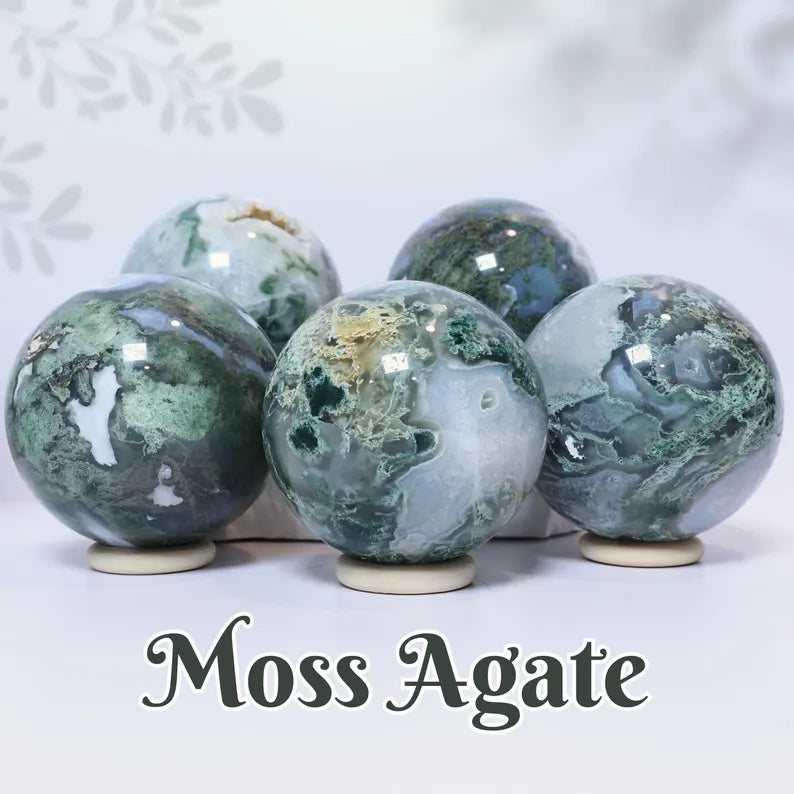 Moss Agate Sphere with Matching Sphere Stand, 50 - 55mm
