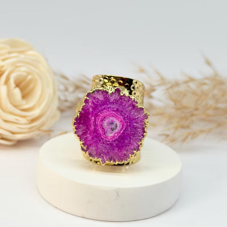 Fashion Ring natural Solar Pink Quartz, Gold Electroplated, Justerbar