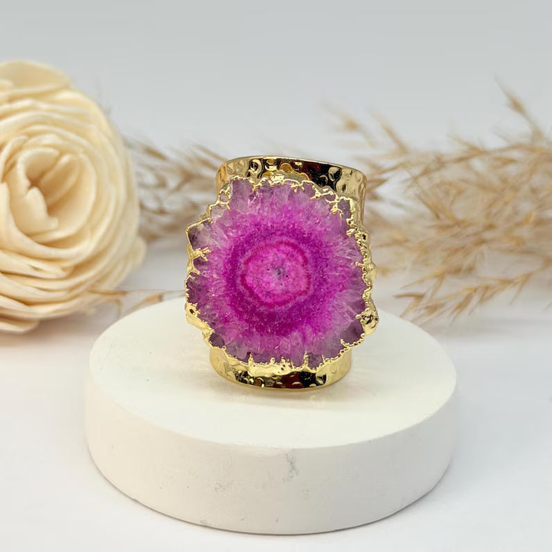Fashion Ring natural Solar Pink Quartz, Gold Electroplated, Justerbar
