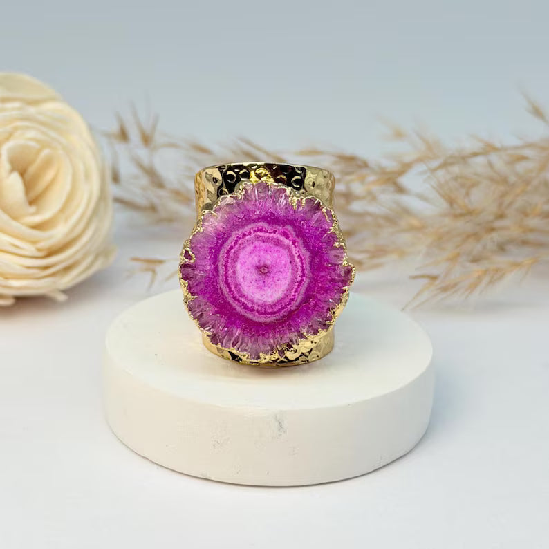 Fashion Ring natural Solar Pink Quartz, Gold Electroplated, Justerbar