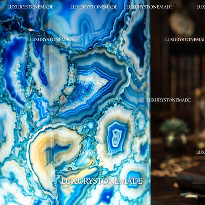 Exclusive handmade Blue Agate Coaster Crystal Ledlamp / Luxury Home Décor , 20x10cm