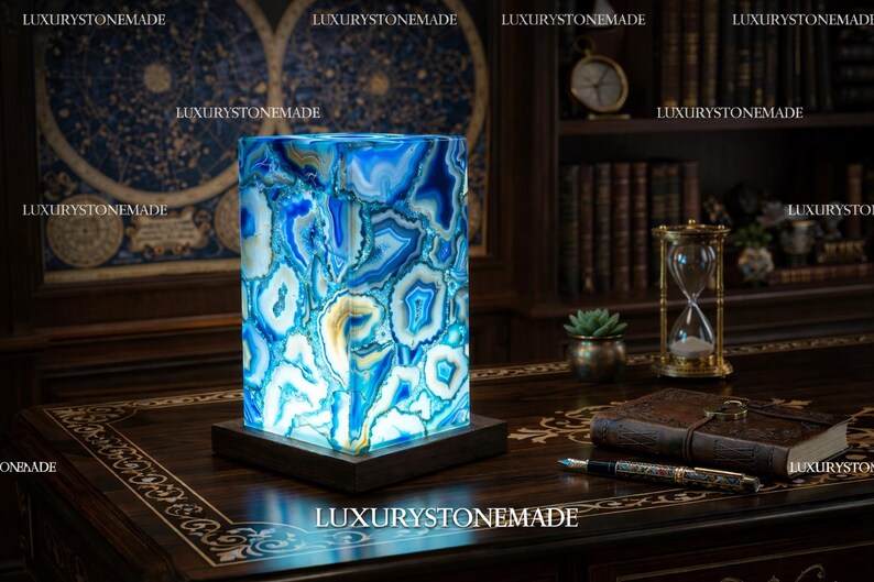 Exclusive handmade Blue Agate Coaster Crystal Ledlamp / Luxury Home Décor , 20x10cm