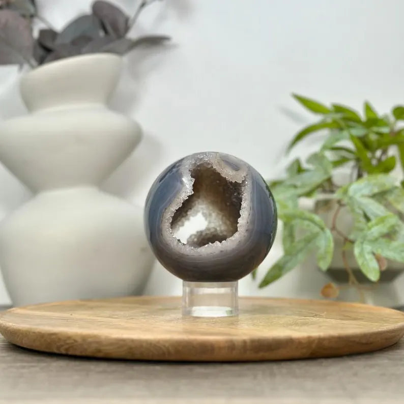 Banded Agate &amp; Quartz Druzy Sphere Geode - SPH0154, 9.9cm