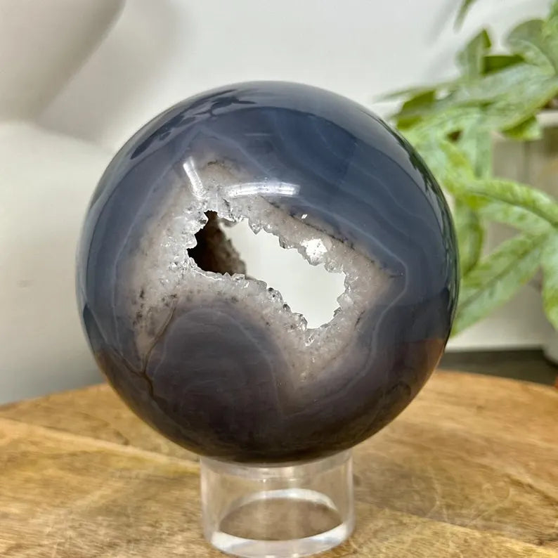 Banded Agate &amp; Quartz Druzy Sphere Geode - SPH0154, 9.9cm