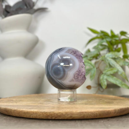 Uruguay Amethyst & Blue Banded Agate Sphere Geode with Crystal Cavity - SPH0177, 9.9cm
