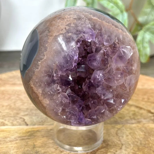 Amethyst Druzy & Agate Sphere Geode from Uruguay - SPH0173, 8.9cm