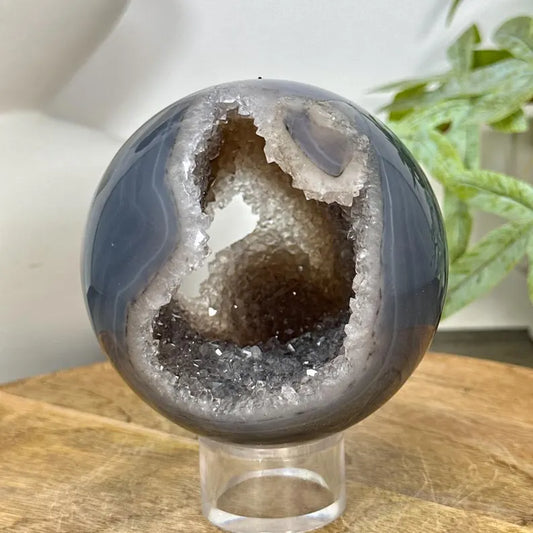 Banded Agate &amp; Quartz Druzy Sphere Geode - SPH0154, 9.9cm