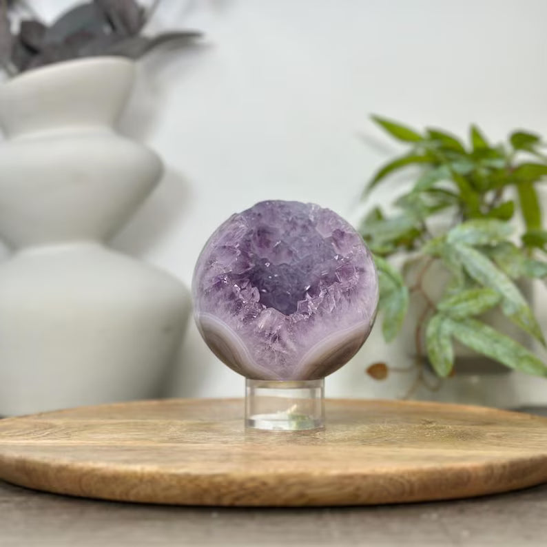 Uruguay Amethyst & Blue Banded Agate Sphere Geode with Crystal Cavity - SPH0177, 9.9cm