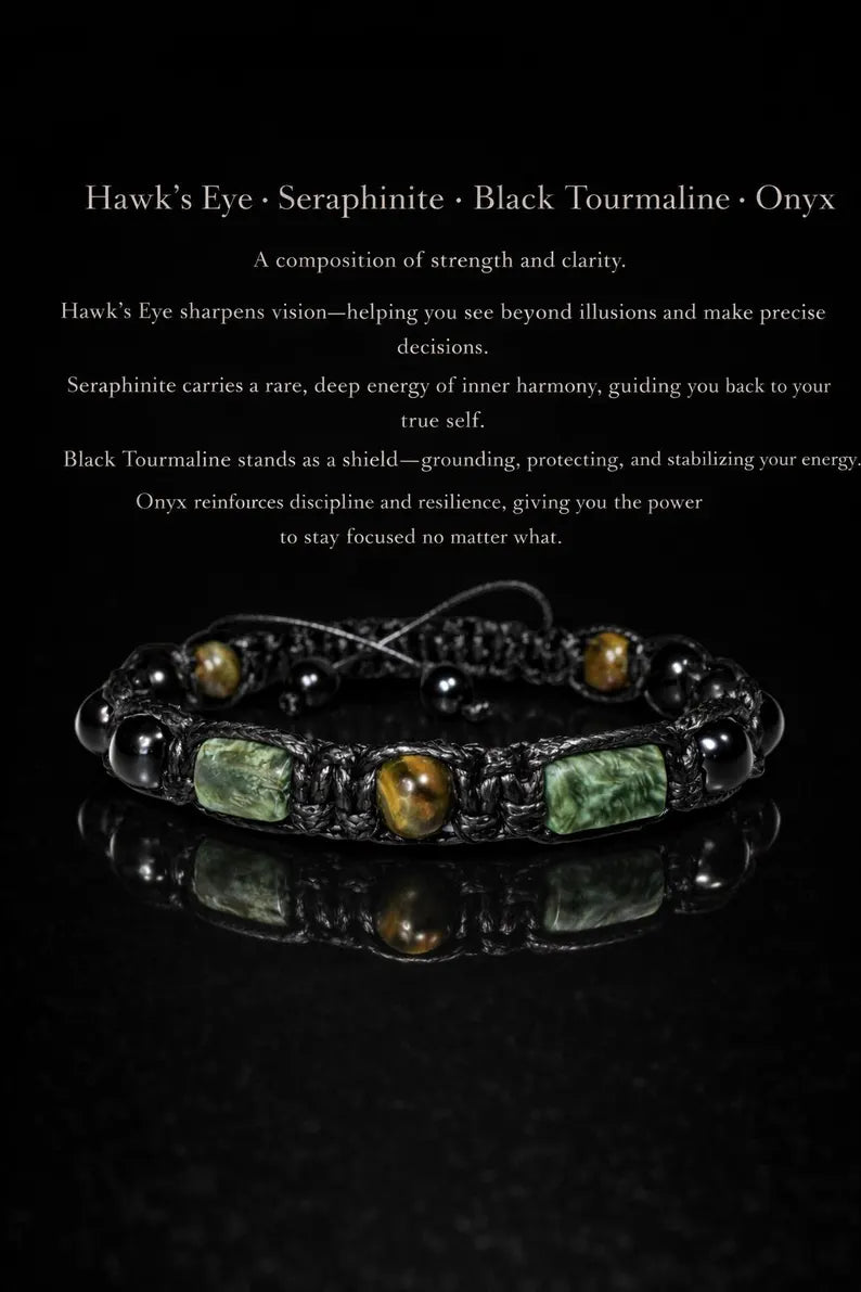 Månedens Utvalgte / Trendy og Exclusivt Shambhala armbånd, Seraphinite, Hawk’s Eye, Black Tourmaline, Onyx, unisex og justerbare - Strength, Luck, and Protection