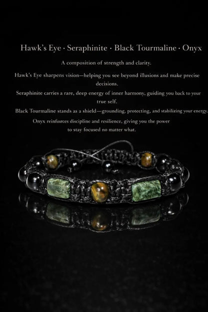 Månedens Utvalgte / Trendy og Exclusivt Shambhala armbånd, Seraphinite, Hawk’s Eye, Black Tourmaline, Onyx, unisex og justerbare - Strength, Luck, and Protection