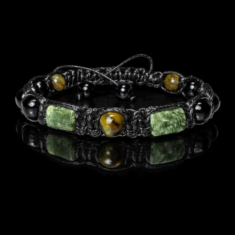 Månedens Utvalgte / Trendy og Exclusivt Shambhala armbånd, Seraphinite, Hawk’s Eye, Black Tourmaline, Onyx, unisex og justerbare - Strength, Luck, and Protection
