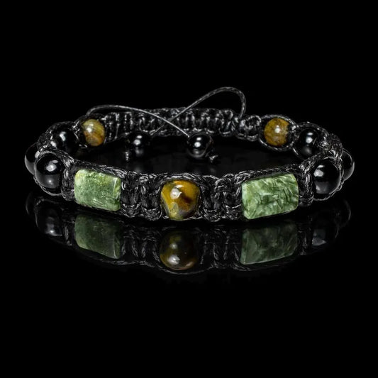 Månedens Utvalgte / Trendy og Exclusivt Shambhala armbånd, Seraphinite, Hawk’s Eye, Black Tourmaline, Onyx, unisex og justerbare - Strength, Luck, and Protection