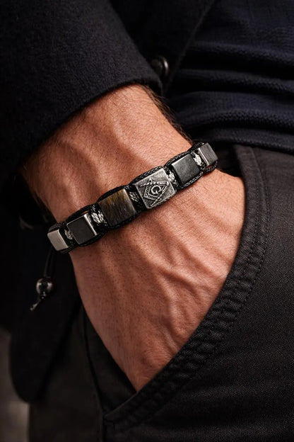 New 2026 Design / Trendy og Exclusivt Shambhala Armbånd, Masonic Symbol Bracelet&nbsp; - Tiger's Eye Protection Stones - Sacred Geometry Jewelry, Brotherhood Gift, Freemason Talisman