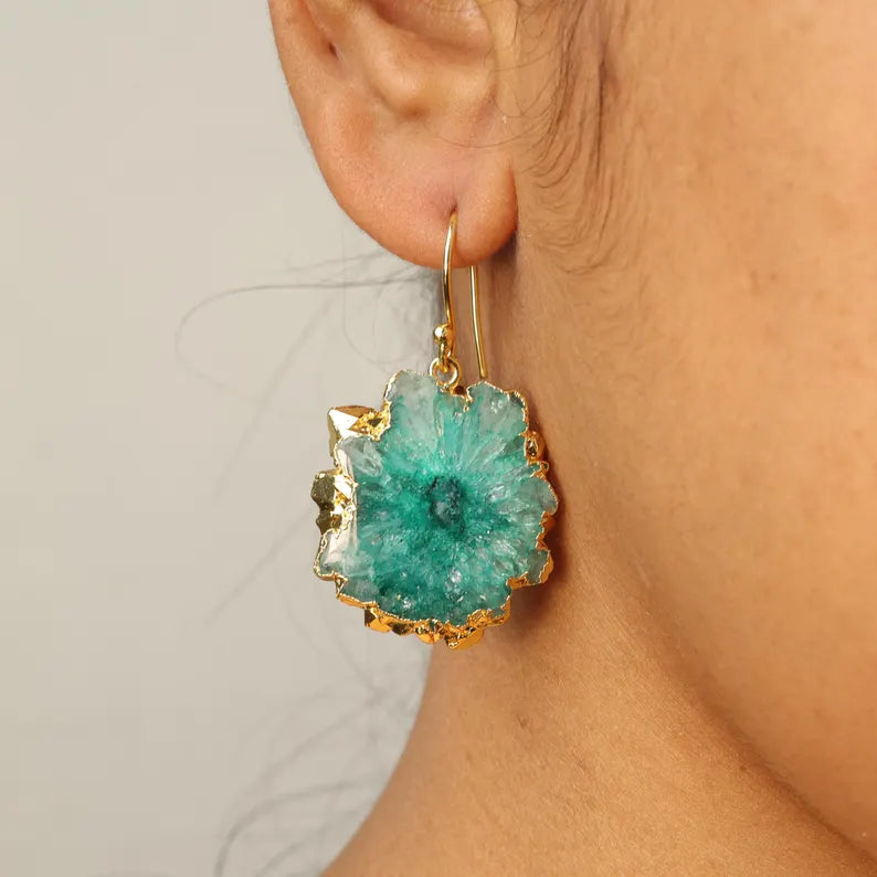 Evil Eye Earrings, Green Solar Quartz Dangle Earrings | Gold Plated Brass, Boho Jewelry