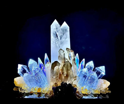 Fantastisk håndlaget ILLUMINATION QUARTZ LED Lampedekorasjon med 2 stk. Clear Quartz Towers, Ametyst Cluster, Raw Citrine